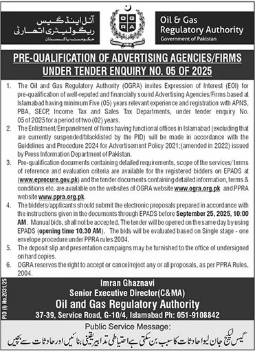 Oil & Gas Regulatory Authority Islamabad Tender Notice